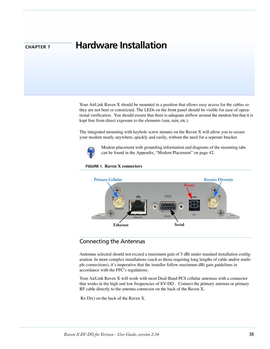 Airlink X EV-DO manual Hardware Installation, Connecting the Antennas 