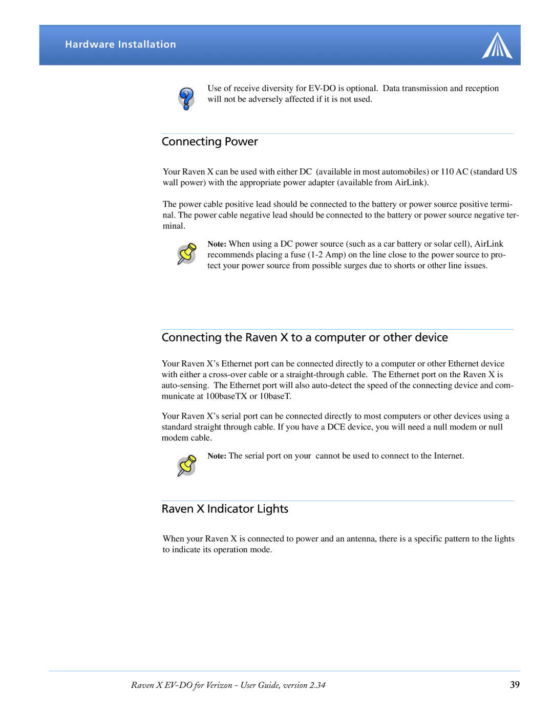 Airlink X EV-DO manual Connecting Power, Connecting the Raven X to a computer or other device, Raven X Indicator Lights 