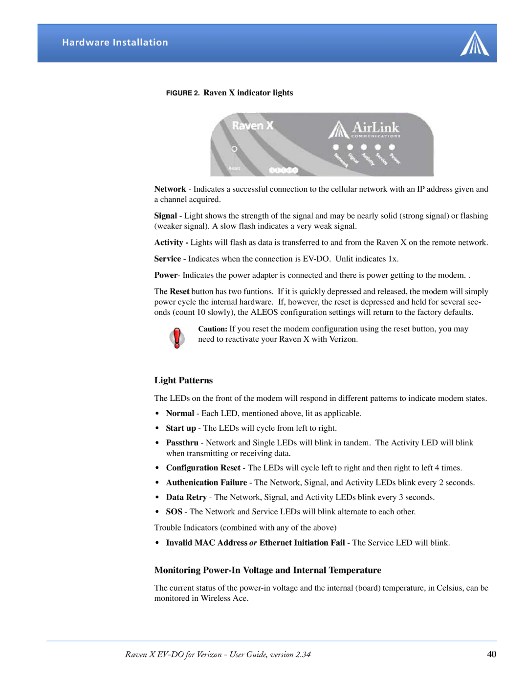 Airlink X EV-DO manual Light Patterns, Monitoring Power-In Voltage and Internal Temperature 