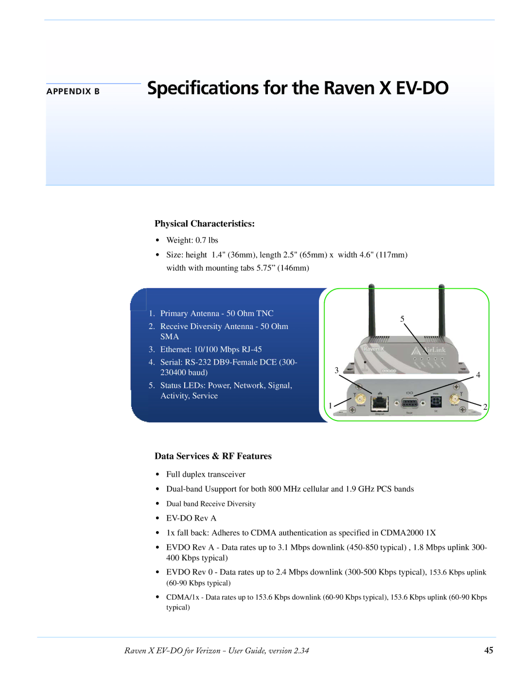 Airlink manual Specifications for the Raven X EV-DO, Physical Characteristics, Data Services & RF Features 