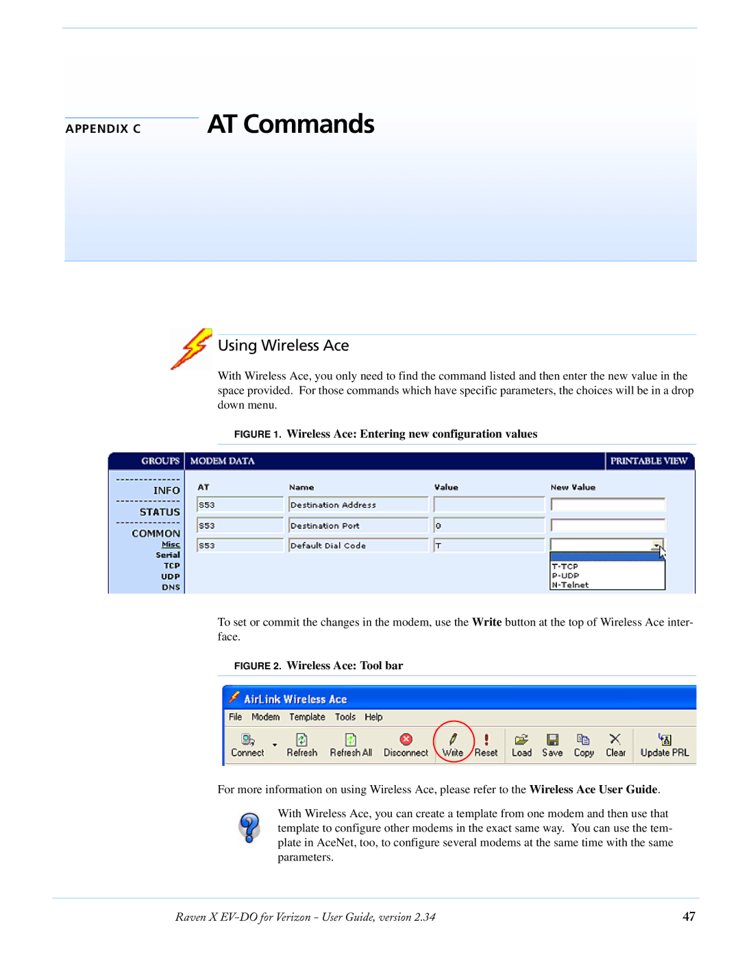 Airlink X EV-DO manual AT Commands, Using Wireless Ace 