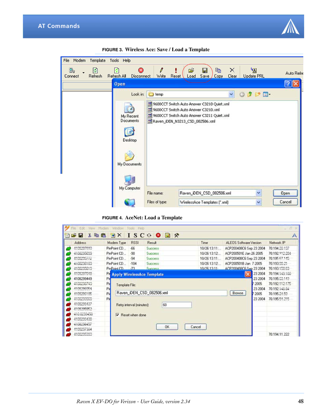 Airlink X EV-DO manual AT Commands, Wireless Ace Save / Load a Template 