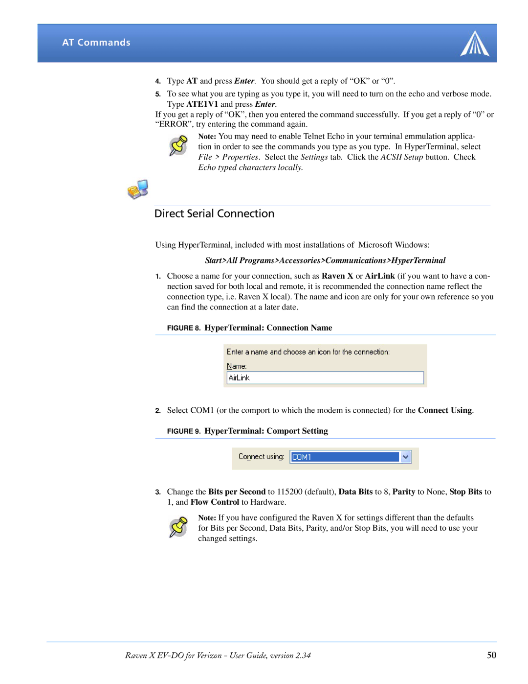 Airlink X EV-DO manual Direct Serial Connection, HyperTerminal Comport Setting 