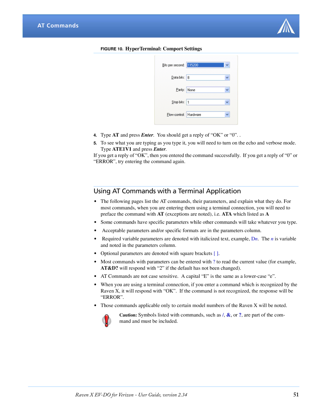 Airlink X EV-DO manual Using AT Commands with a Terminal Application, HyperTerminal Comport Settings 