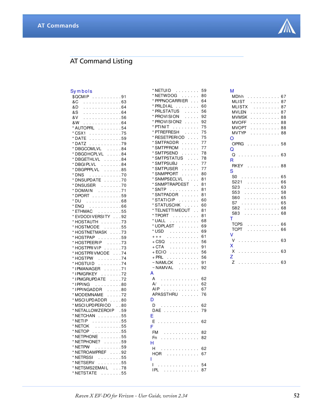 Airlink X EV-DO manual AT Command Listing, Symbols 