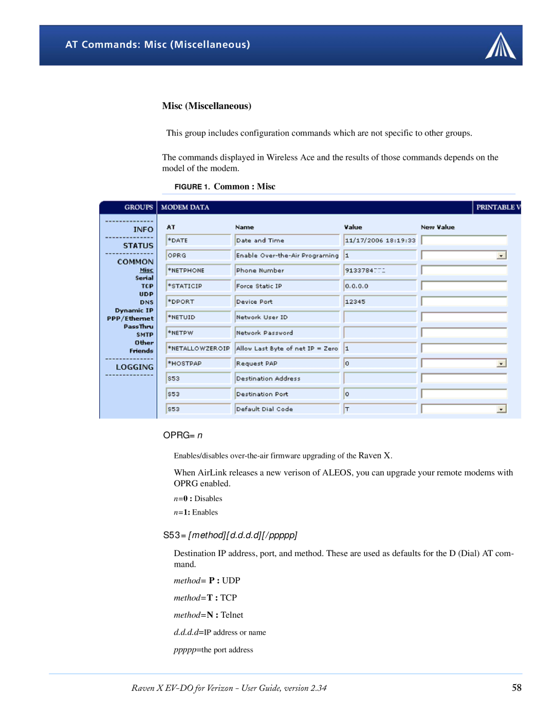 Airlink X EV-DO manual AT Commands Misc Miscellaneous, OPRG=n 