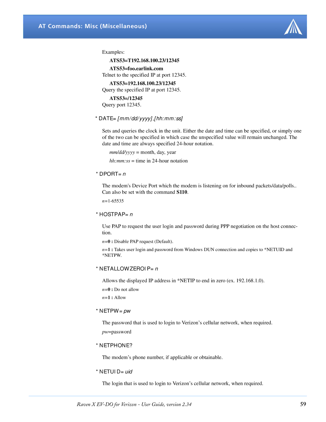 Airlink X EV-DO manual DPORT=n, HOSTPAP=n, NETALLOWZEROIP=n, NETPW=pw, NETUID=uid 