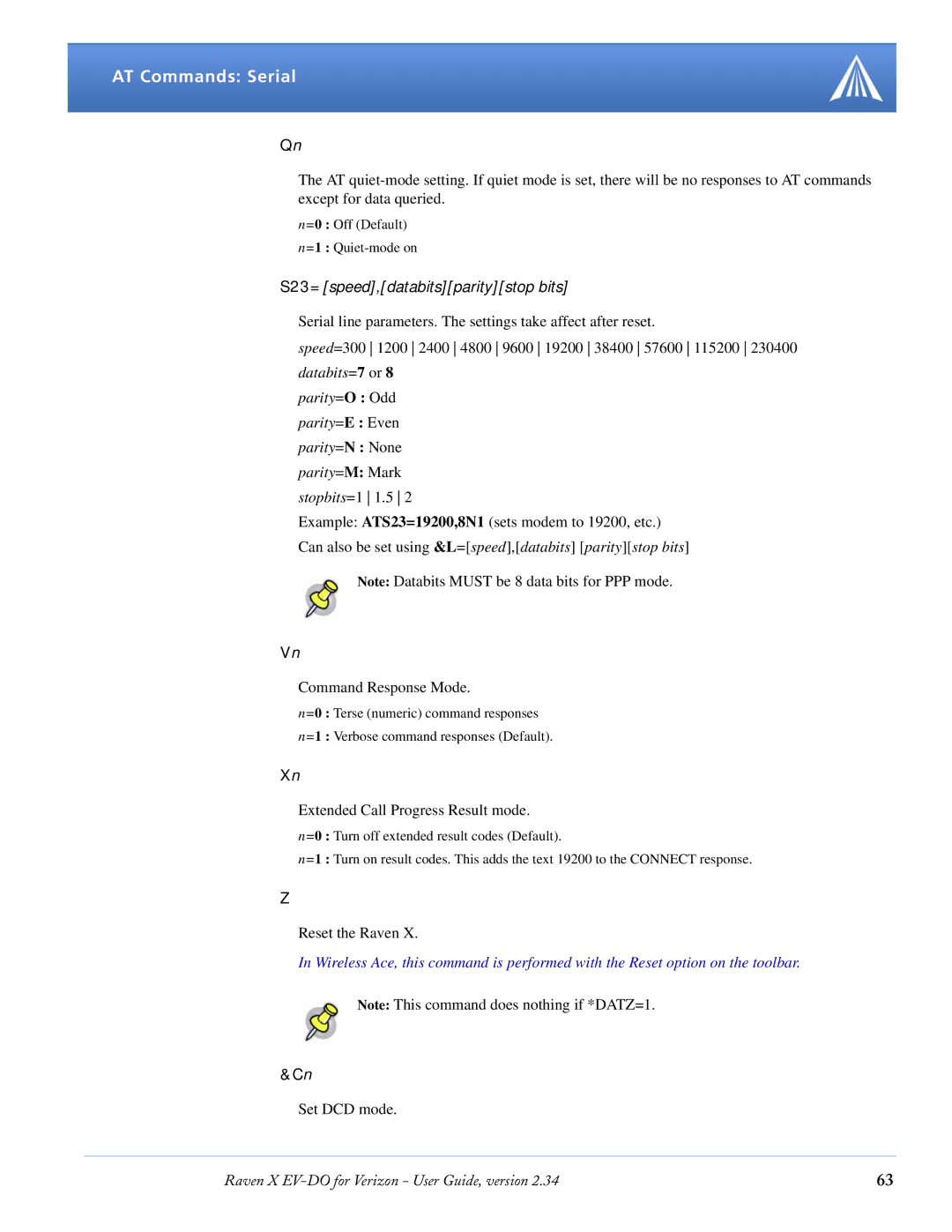 Airlink X EV-DO manual S23=speed,databitsparitystop bits 