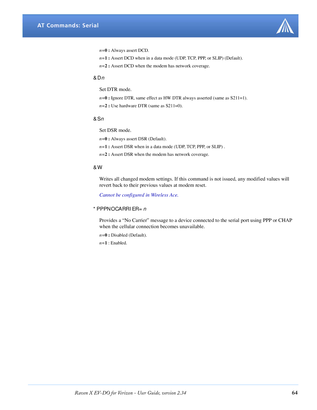 Airlink X EV-DO manual Set DTR mode, PPPNOCARRIER=n 