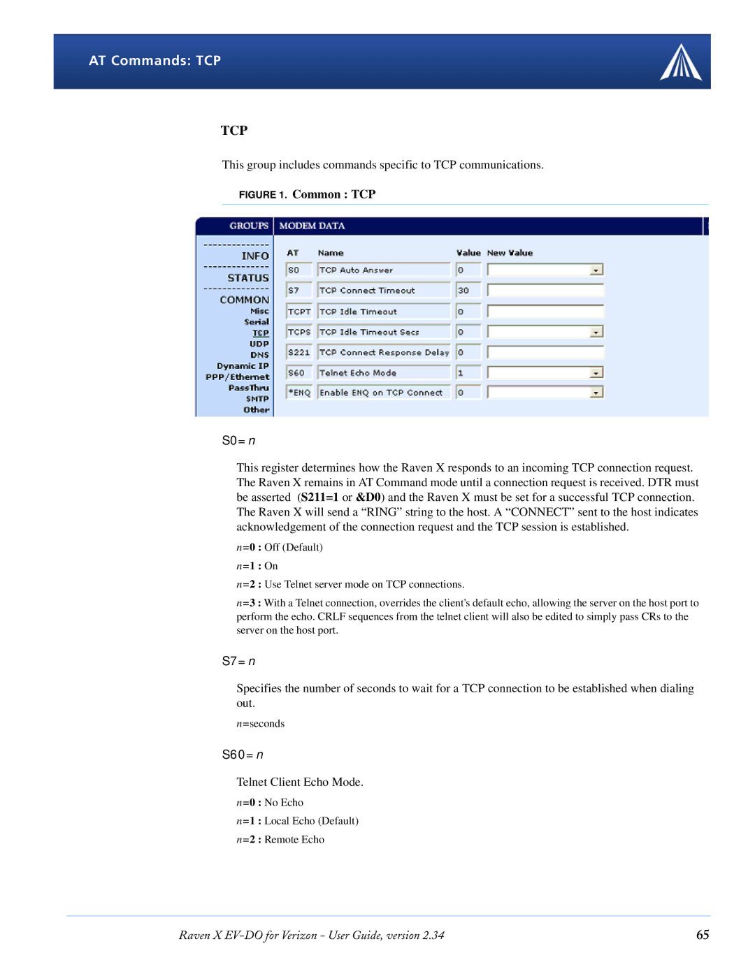 Airlink X EV-DO manual AT Commands TCP, S0=n, S7=n, S60=n 