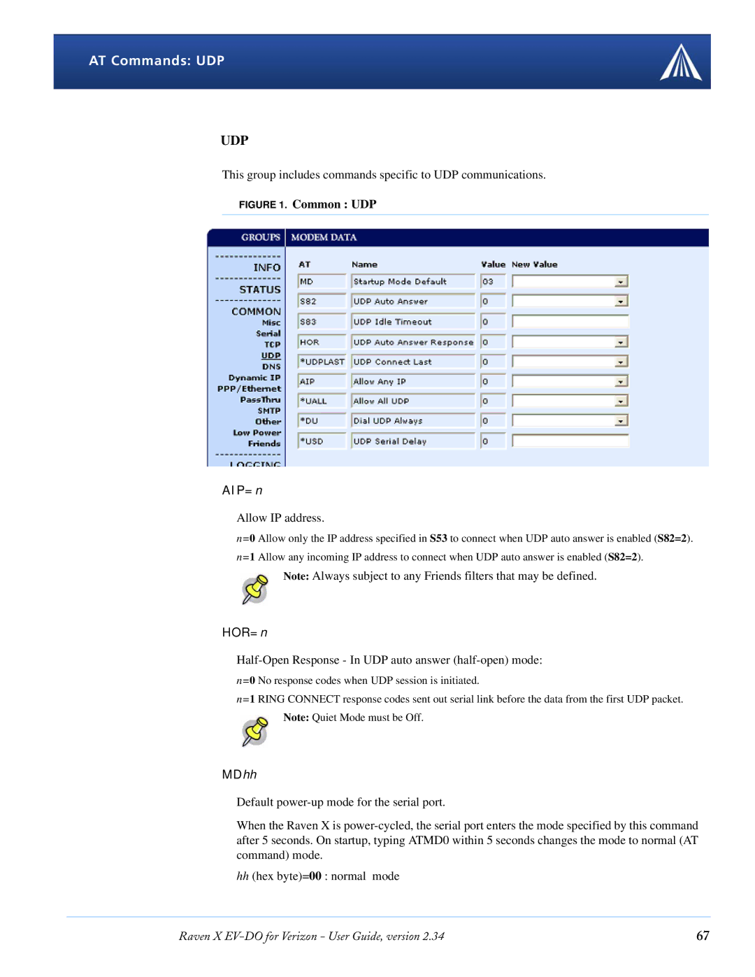 Airlink X EV-DO manual AT Commands UDP, AIP=n, HOR=n, MDhh 