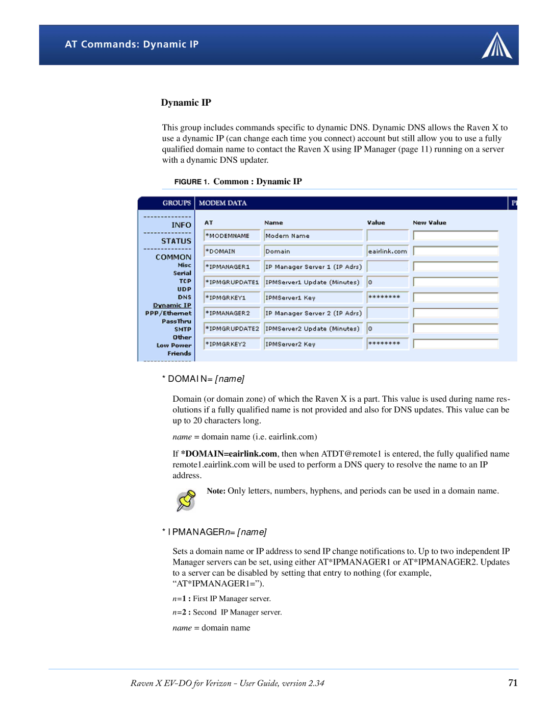 Airlink X EV-DO manual AT Commands Dynamic IP, DOMAIN=name, IPMANAGERn=name 