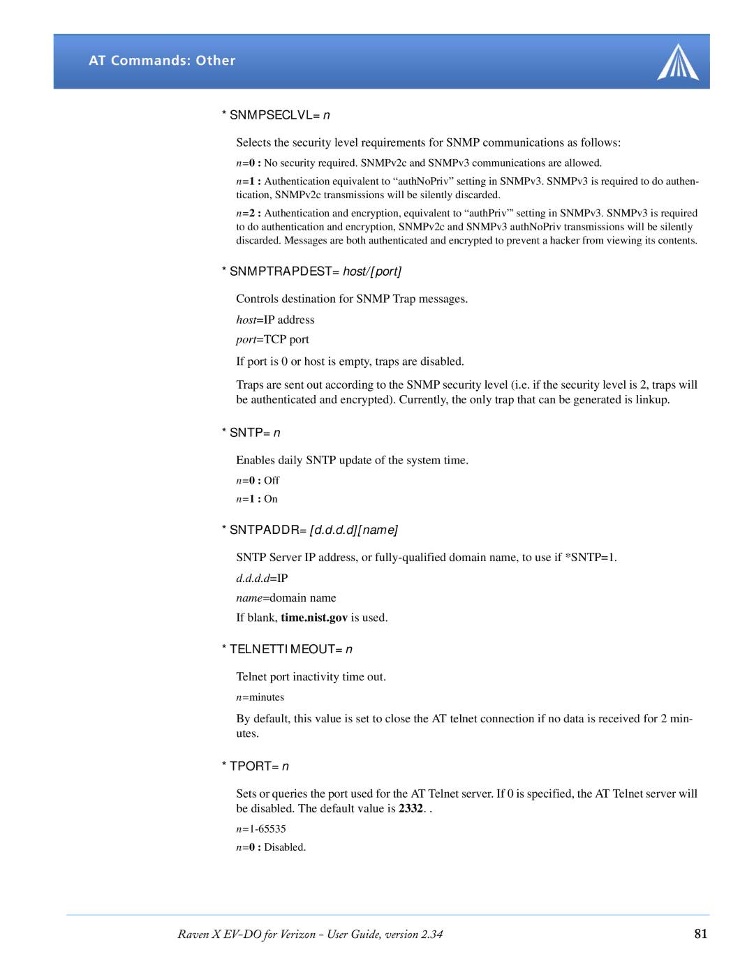 Airlink X EV-DO manual SNMPSECLVL=n, SNMPTRAPDEST=host/port, SNTP=n, TELNETTIMEOUT=n, TPORT=n 