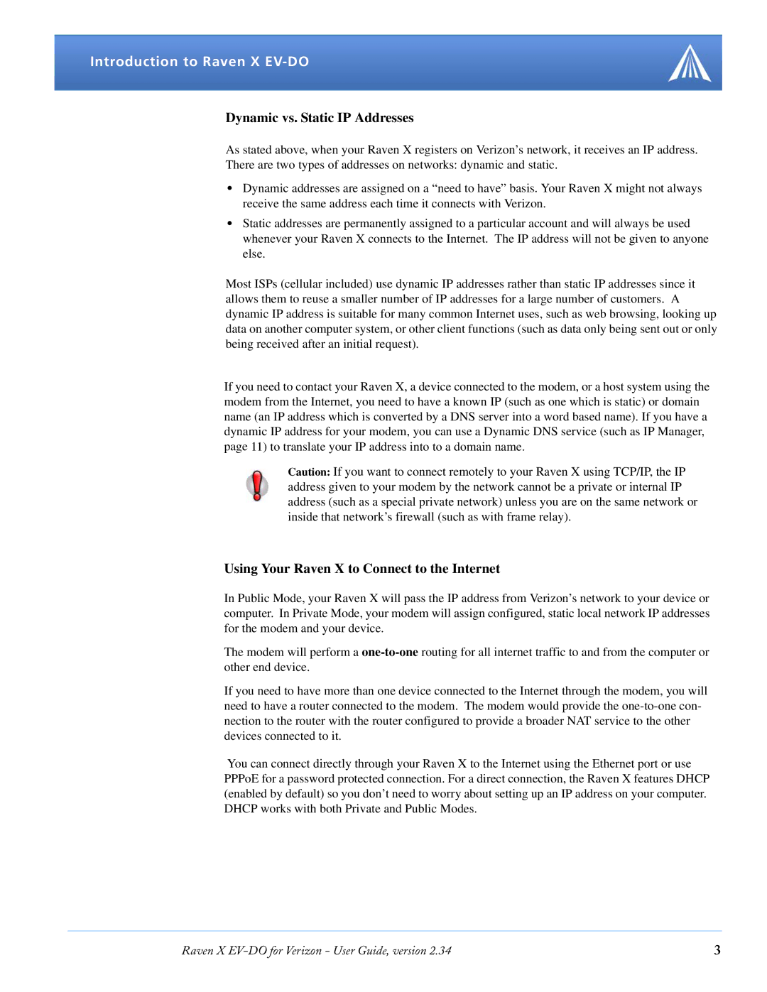 Airlink X EV-DO manual Dynamic vs. Static IP Addresses, Using Your Raven X to Connect to the Internet 