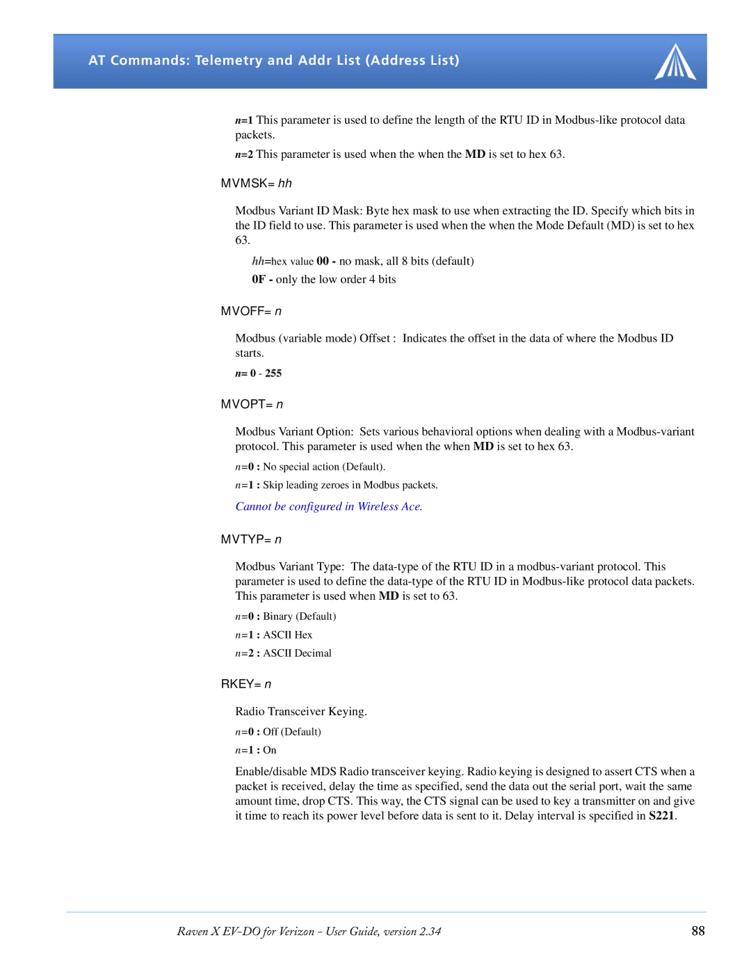 Airlink X EV-DO manual MVMSK=hh, MVOFF=n, MVOPT=n, MVTYP=n, RKEY=n 