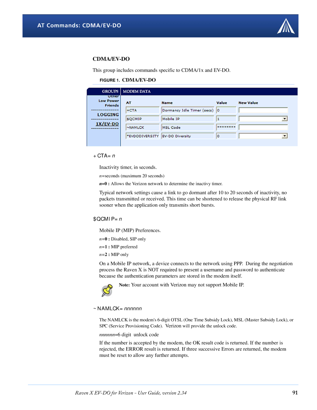 Airlink X EV-DO manual AT Commands CDMA/EV-DO, +CTA=n, $QCMIP=n, ~NAMLCK=nnnnnn 