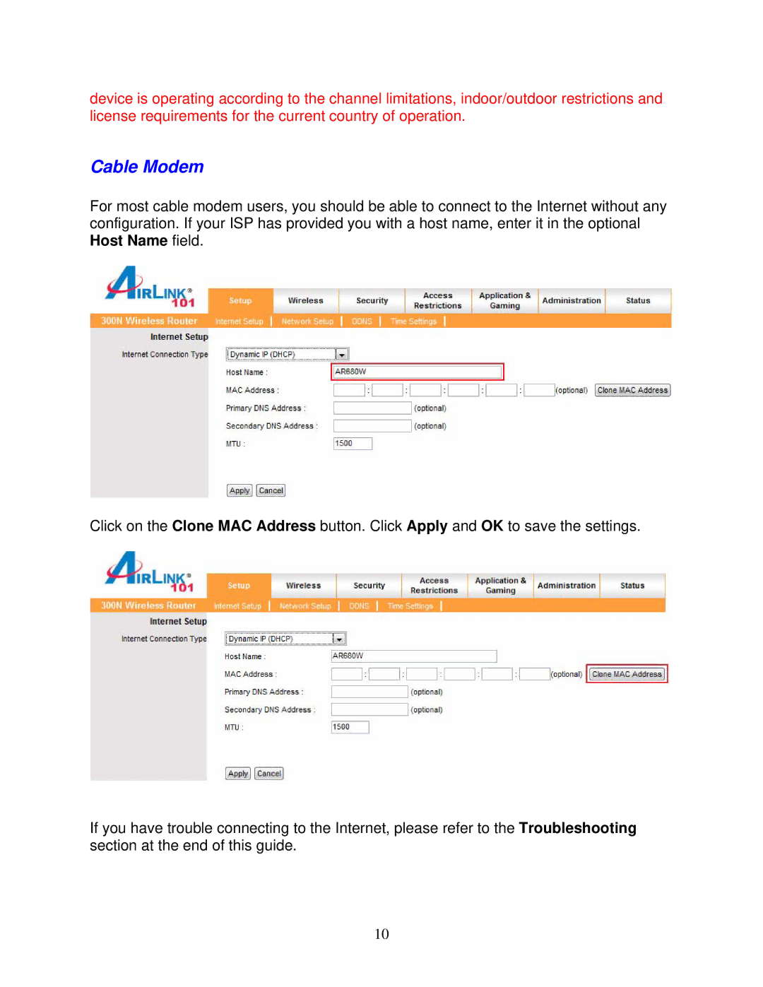 Airlink101 300N user manual Cable Modem 