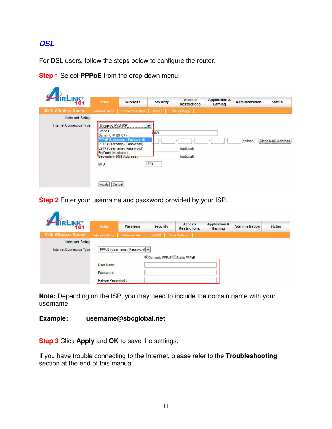 Airlink101 300N user manual Dsl, Example username@sbcglobal.net 