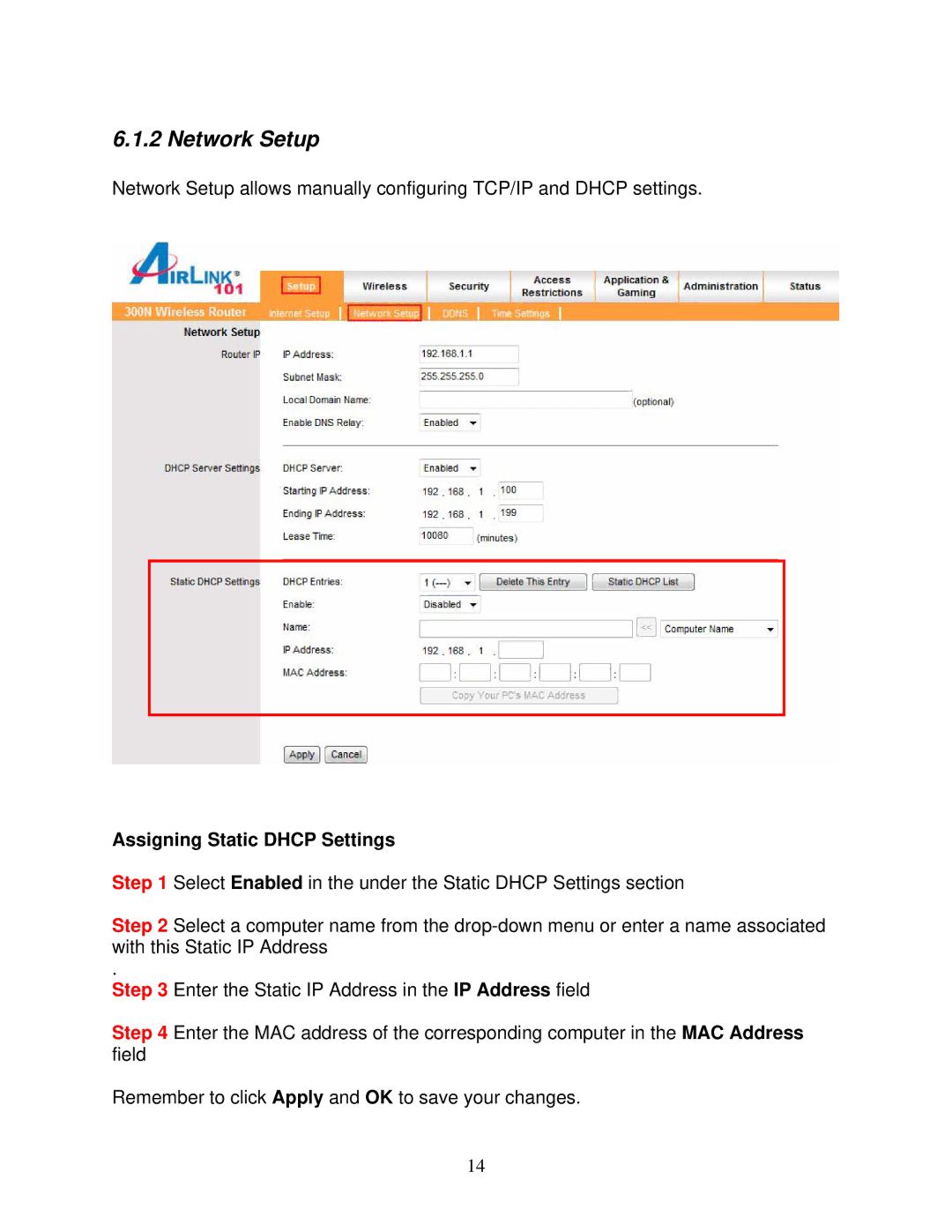 Airlink101 300N user manual Network Setup, Assigning Static Dhcp Settings 