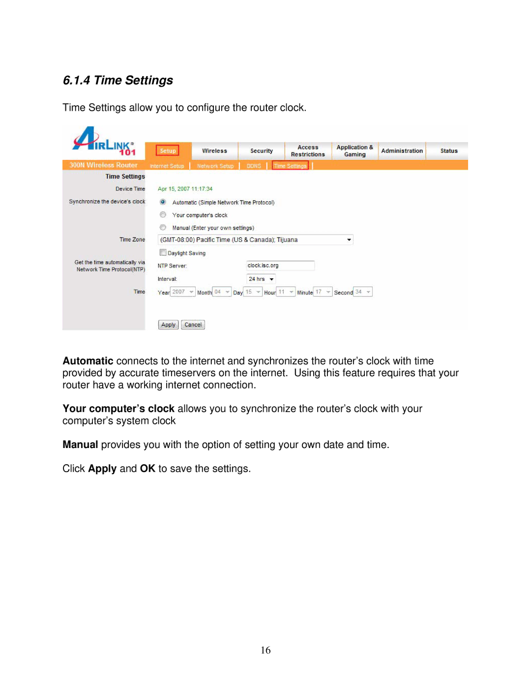 Airlink101 300N user manual Time Settings 