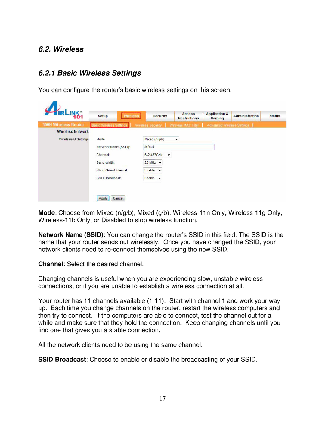 Airlink101 300N user manual Wireless Basic Wireless Settings 