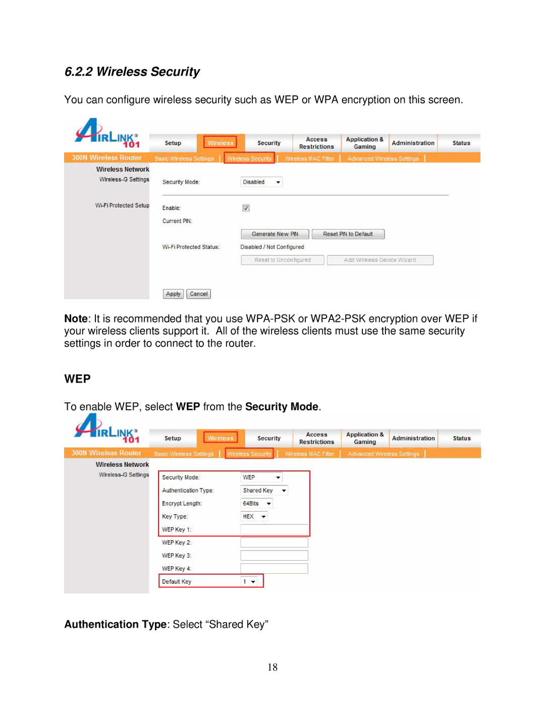 Airlink101 300N user manual Wireless Security, Wep 