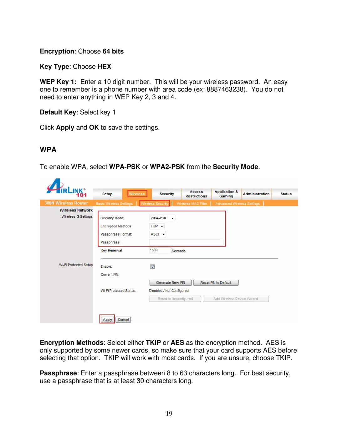 Airlink101 300N user manual Wpa, Encryption Choose 64 bits Key Type Choose HEX 