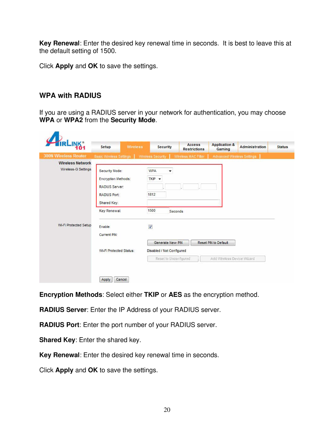 Airlink101 300N user manual WPA with Radius 