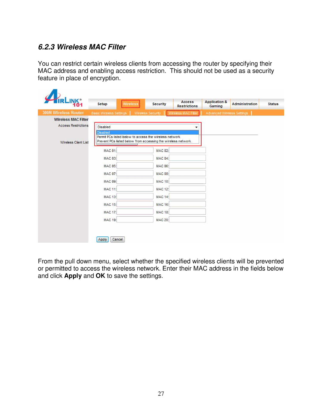 Airlink101 300N user manual Wireless MAC Filter 