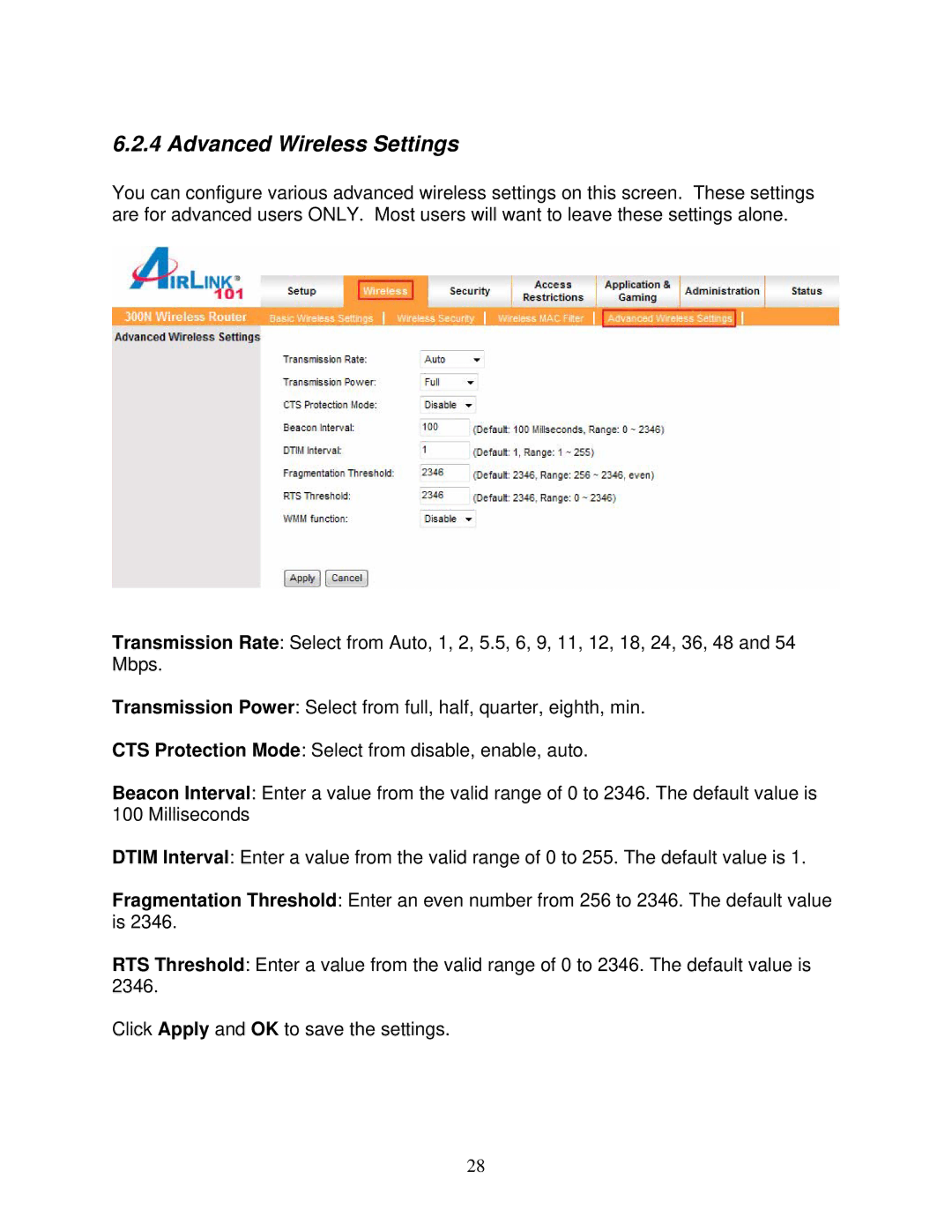 Airlink101 300N user manual Advanced Wireless Settings 