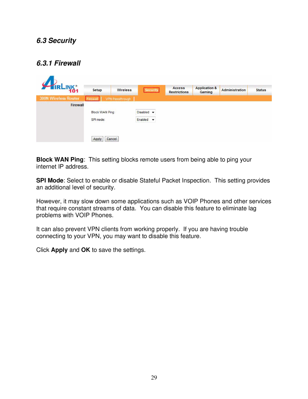 Airlink101 300N user manual Security Firewall 