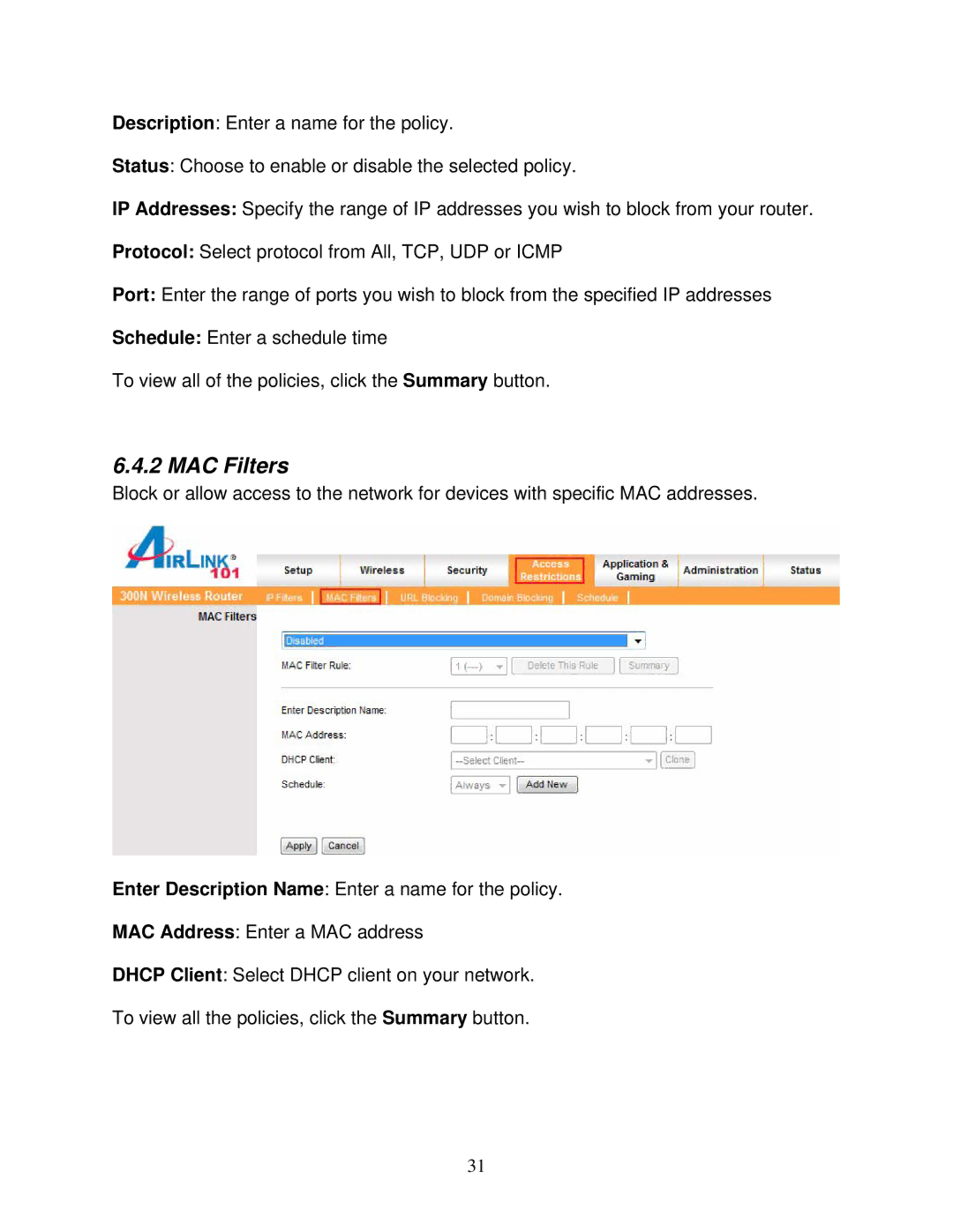 Airlink101 300N user manual MAC Filters 