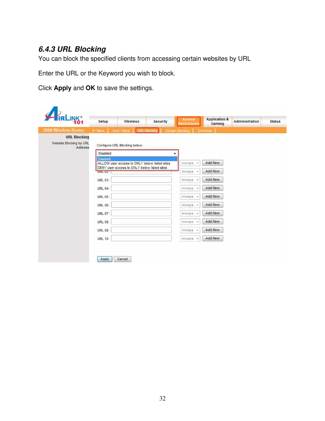 Airlink101 300N user manual URL Blocking 