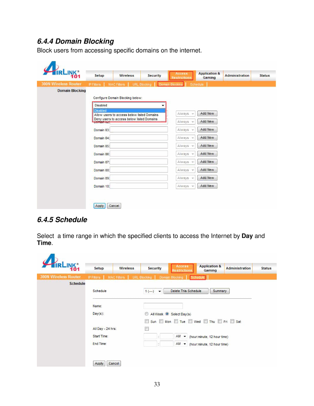 Airlink101 300N user manual Domain Blocking, Schedule 