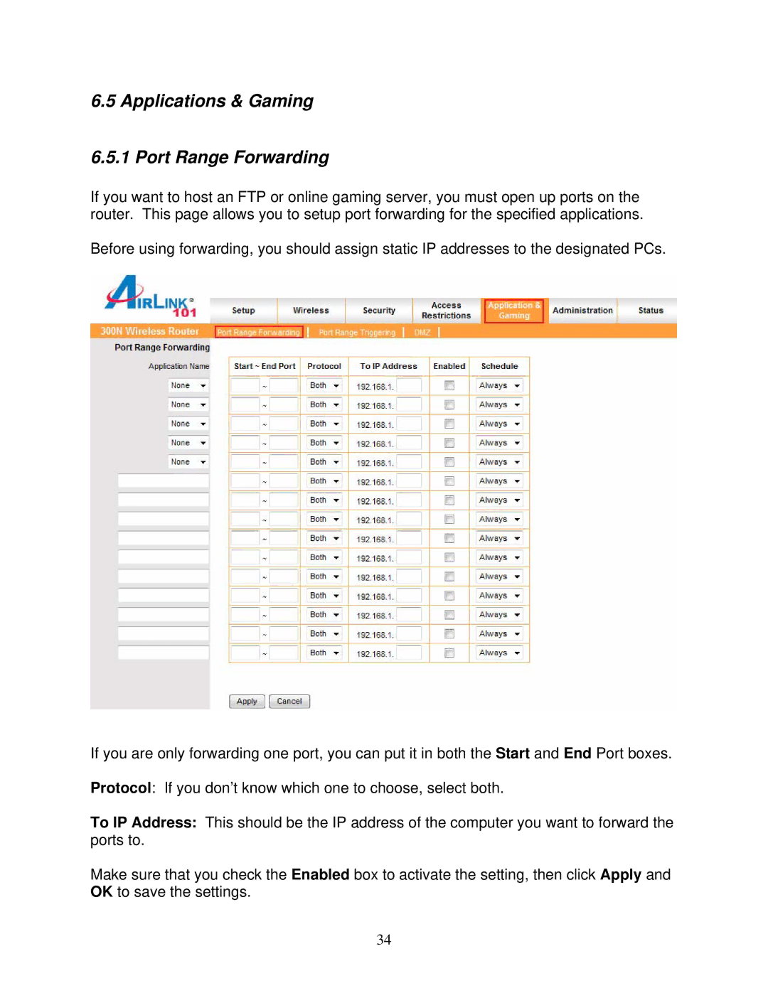 Airlink101 300N user manual Applications & Gaming Port Range Forwarding 