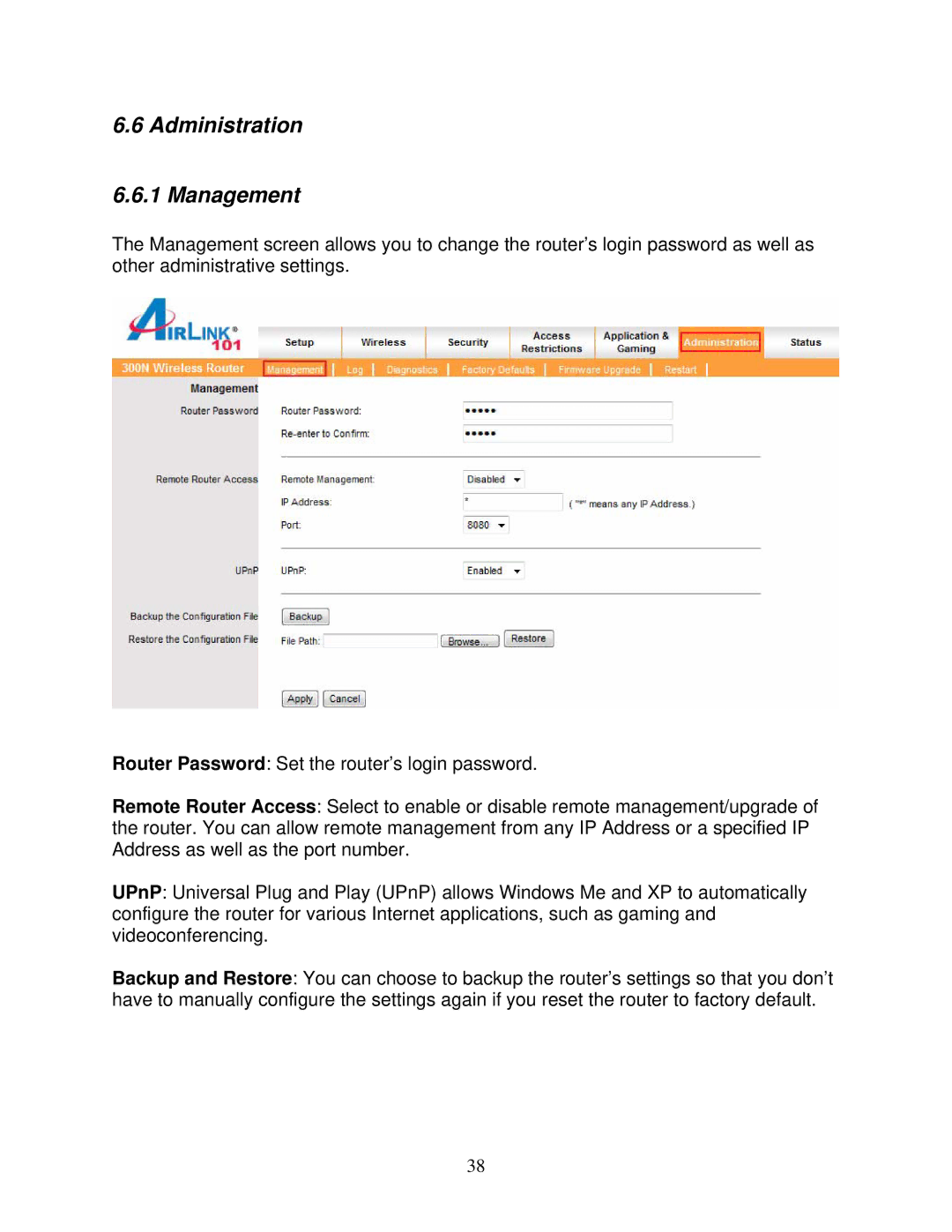 Airlink101 300N user manual Administration Management 