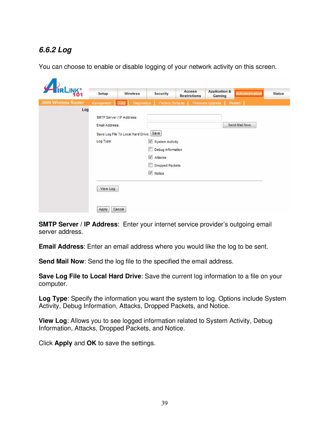 Airlink101 300N user manual 2 Log 