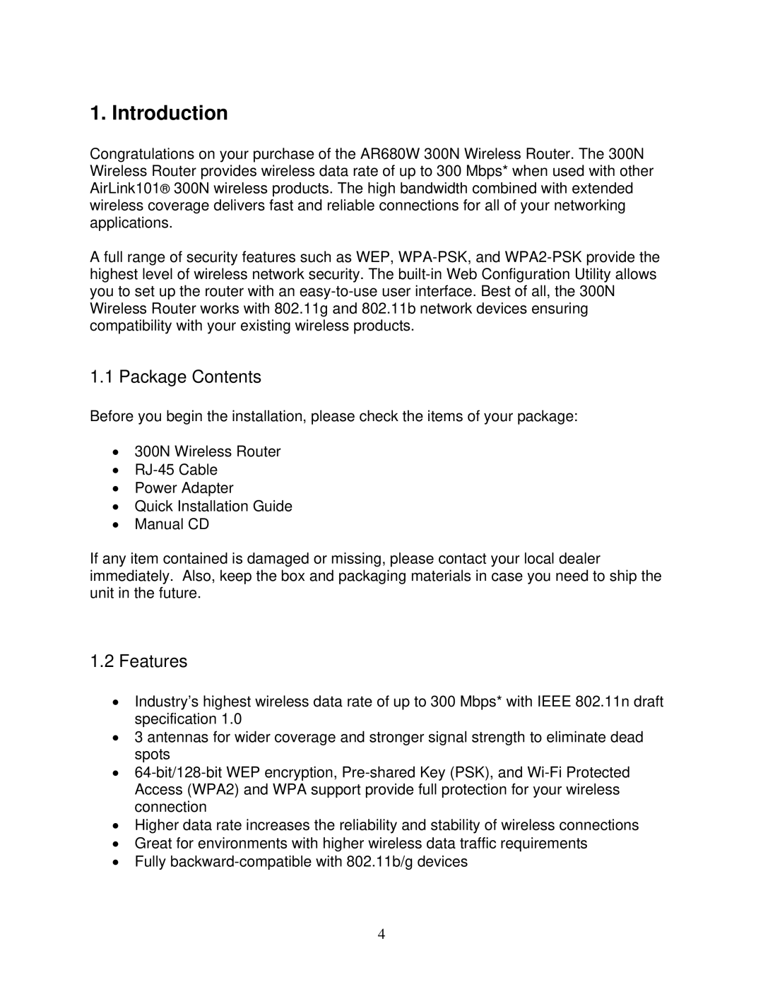 Airlink101 300N user manual Introduction, Package Contents, Features 