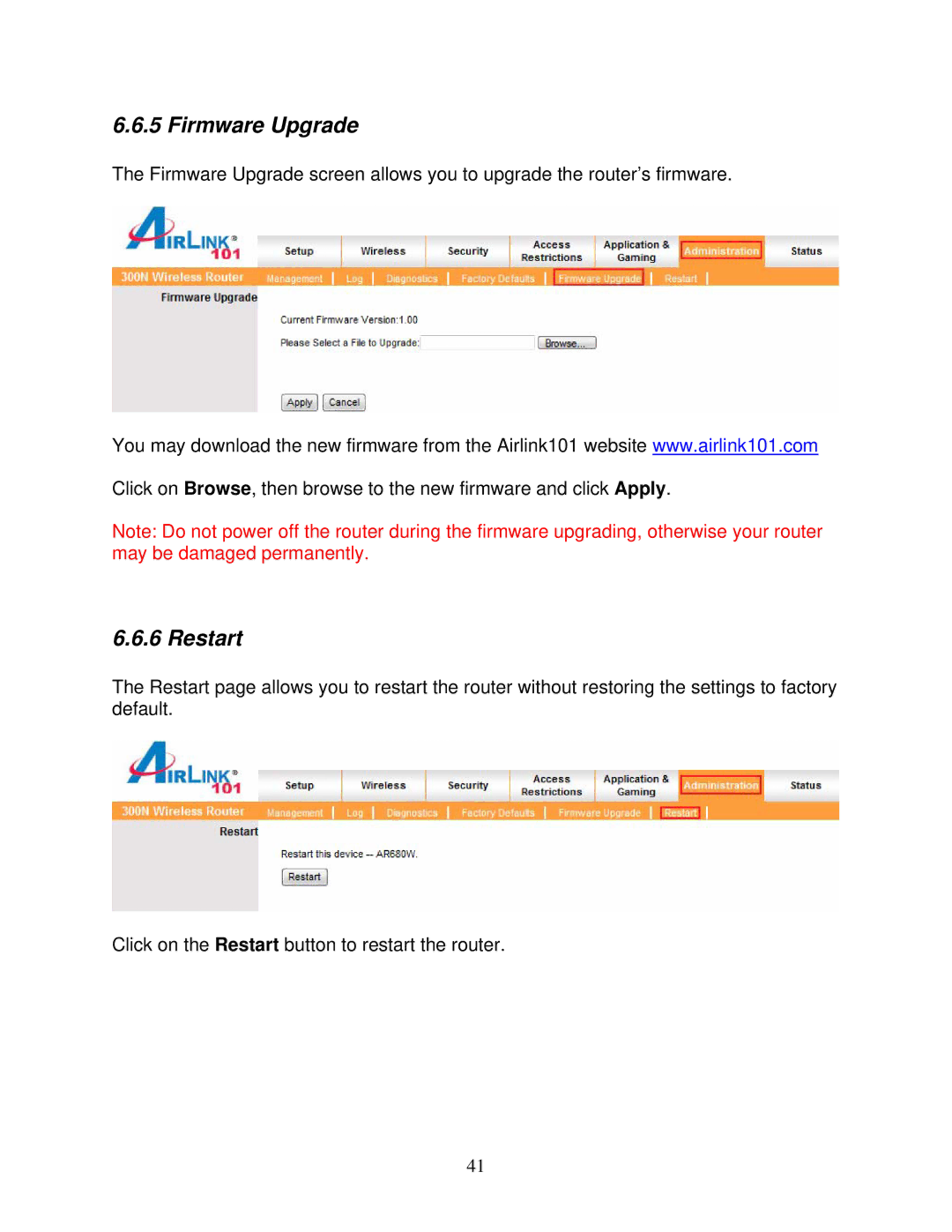 Airlink101 300N user manual Firmware Upgrade, Restart 