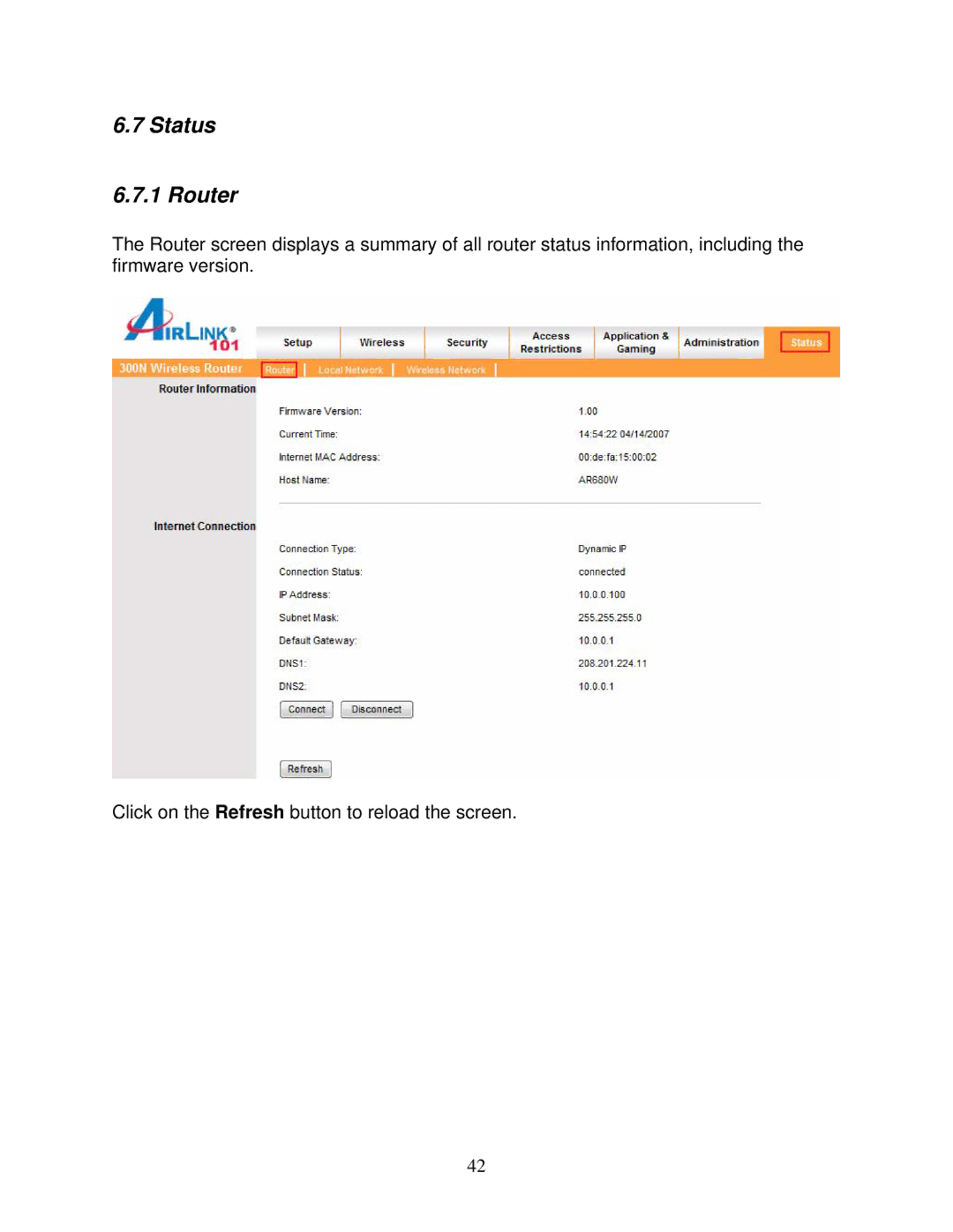 Airlink101 300N user manual Status Router 