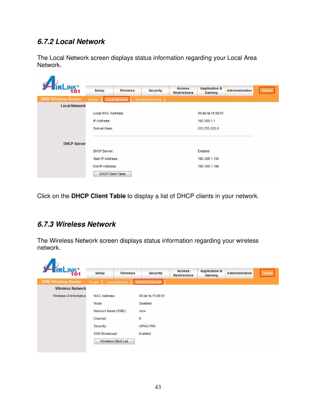 Airlink101 300N user manual Local Network, Wireless Network 