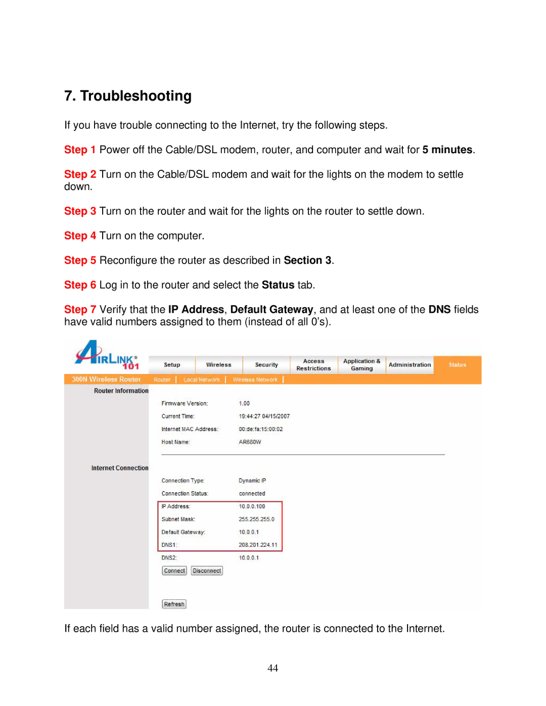 Airlink101 300N user manual Troubleshooting 