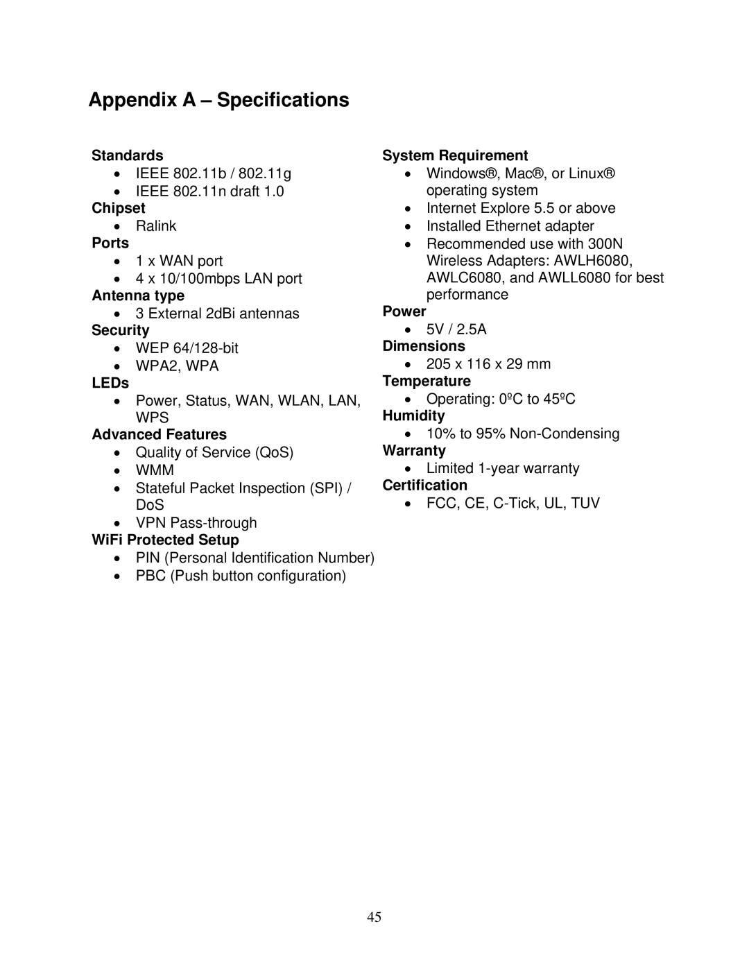 Airlink101 300N user manual Appendix a Specifications 