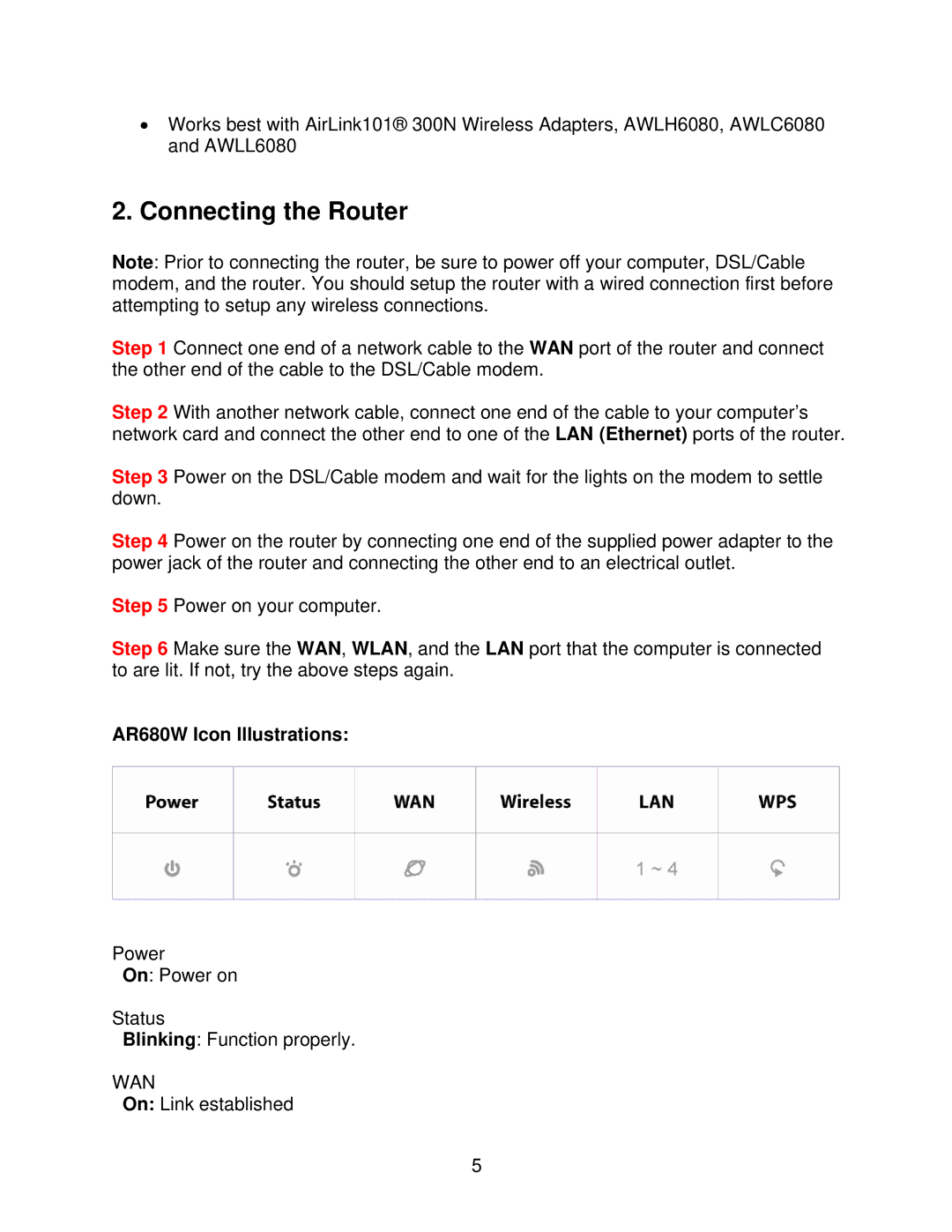 Airlink101 300N user manual Connecting the Router, AR680W Icon Illustrations 