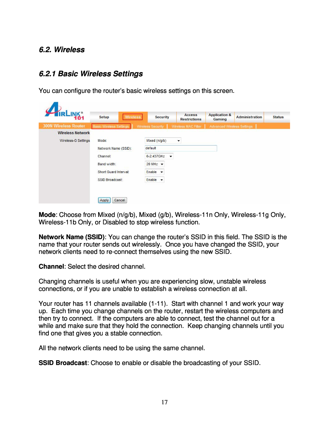 Airlink101 300N user manual Wireless 6.2.1 Basic Wireless Settings 