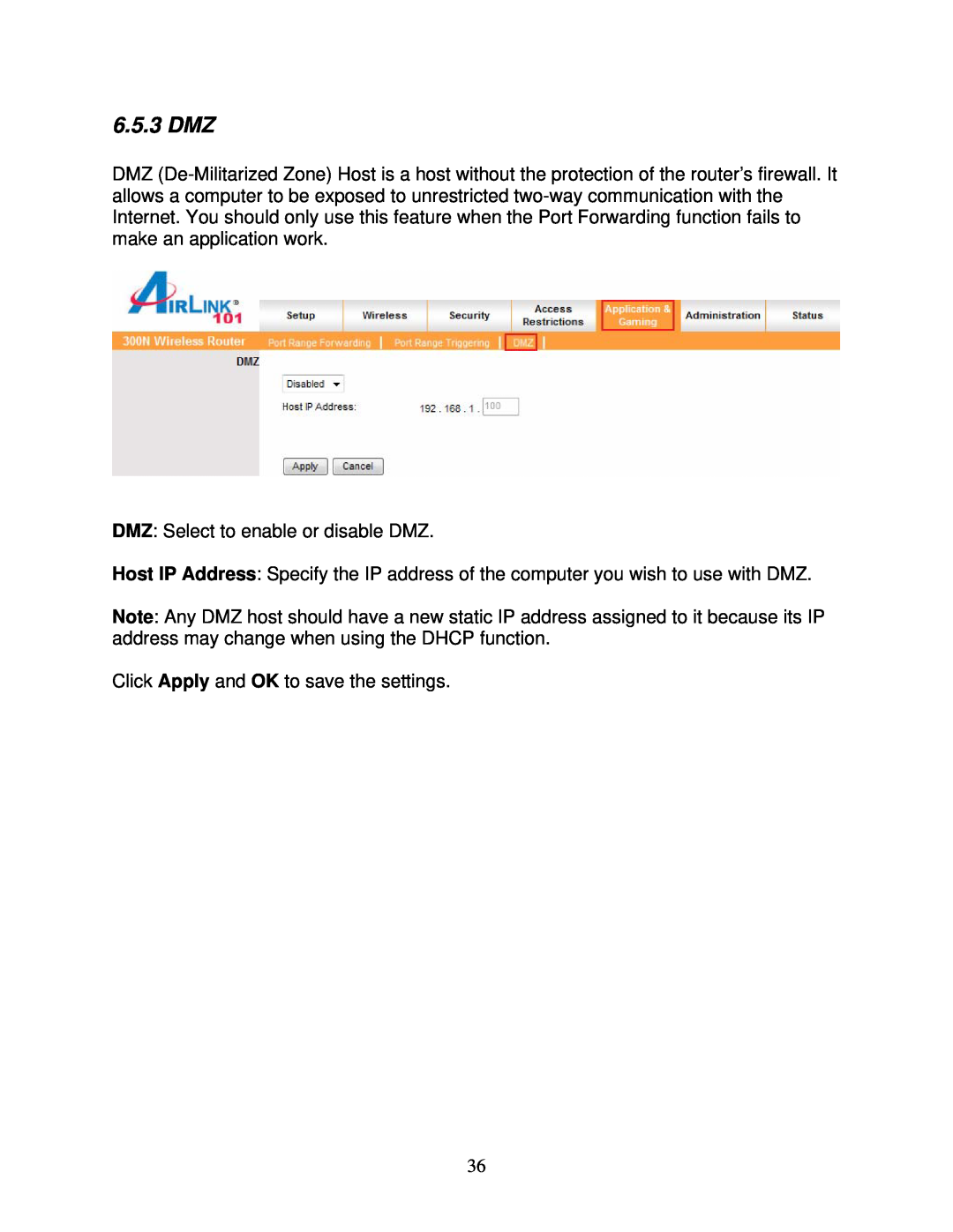 Airlink101 300N user manual 6.5.3 DMZ 
