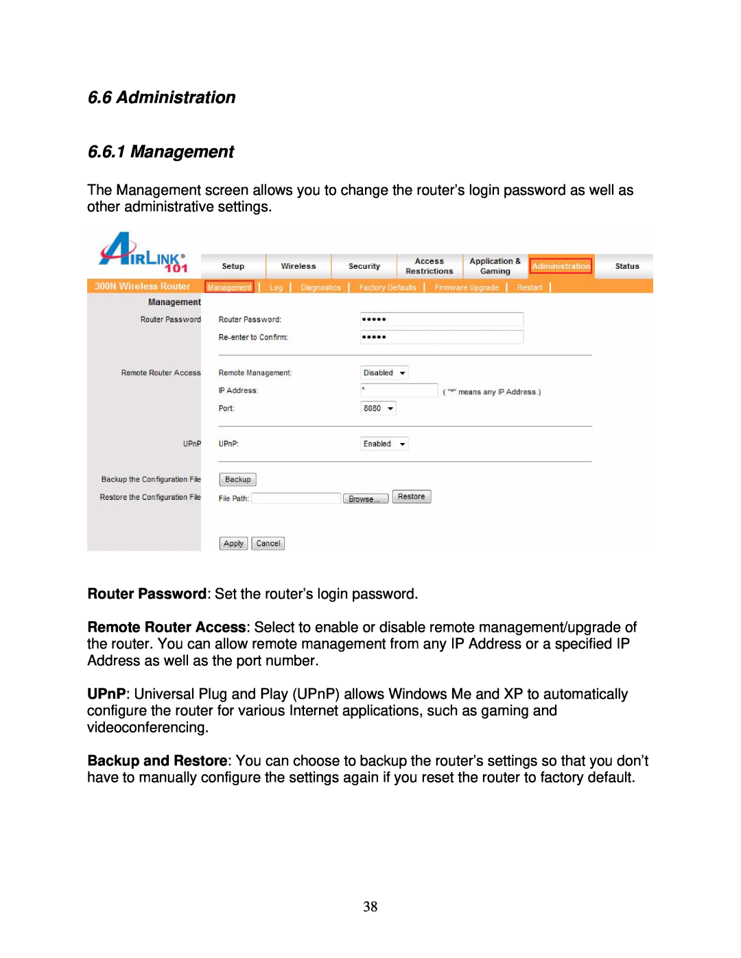 Airlink101 300N user manual Administration 6.6.1 Management 