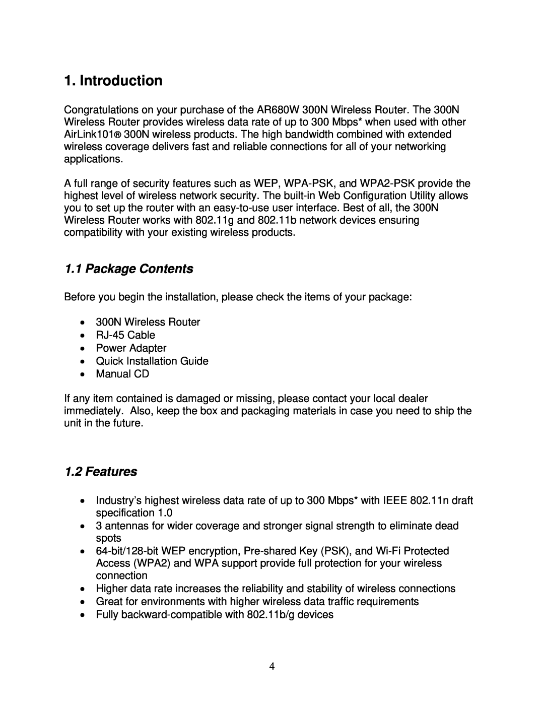 Airlink101 300N user manual Introduction, Package Contents, Features 