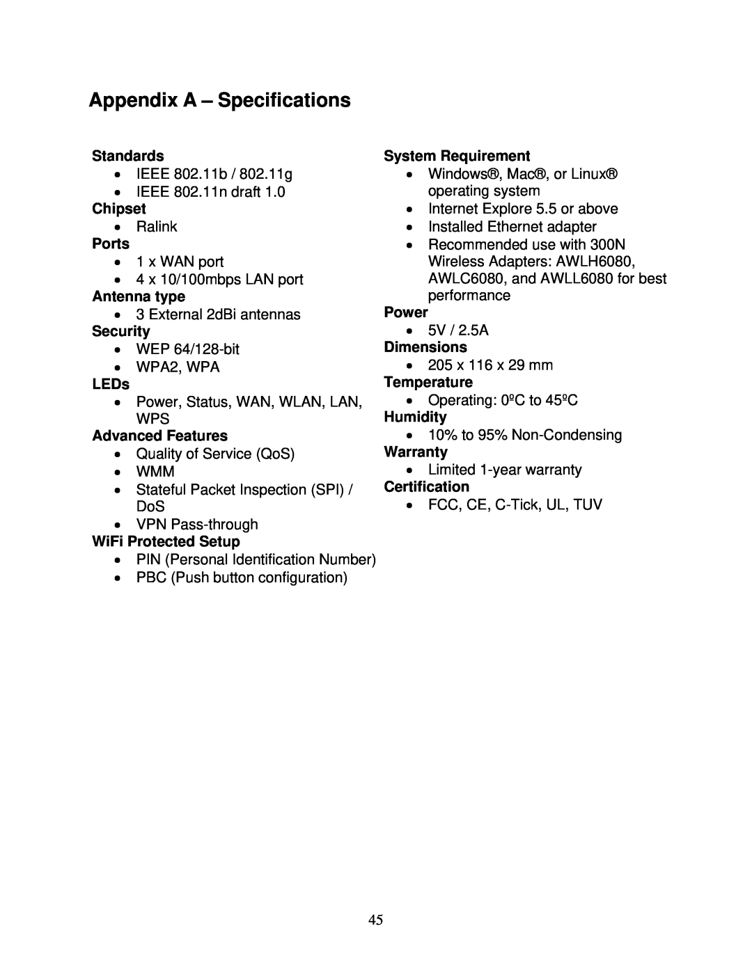 Airlink101 300N user manual Appendix A - Specifications 