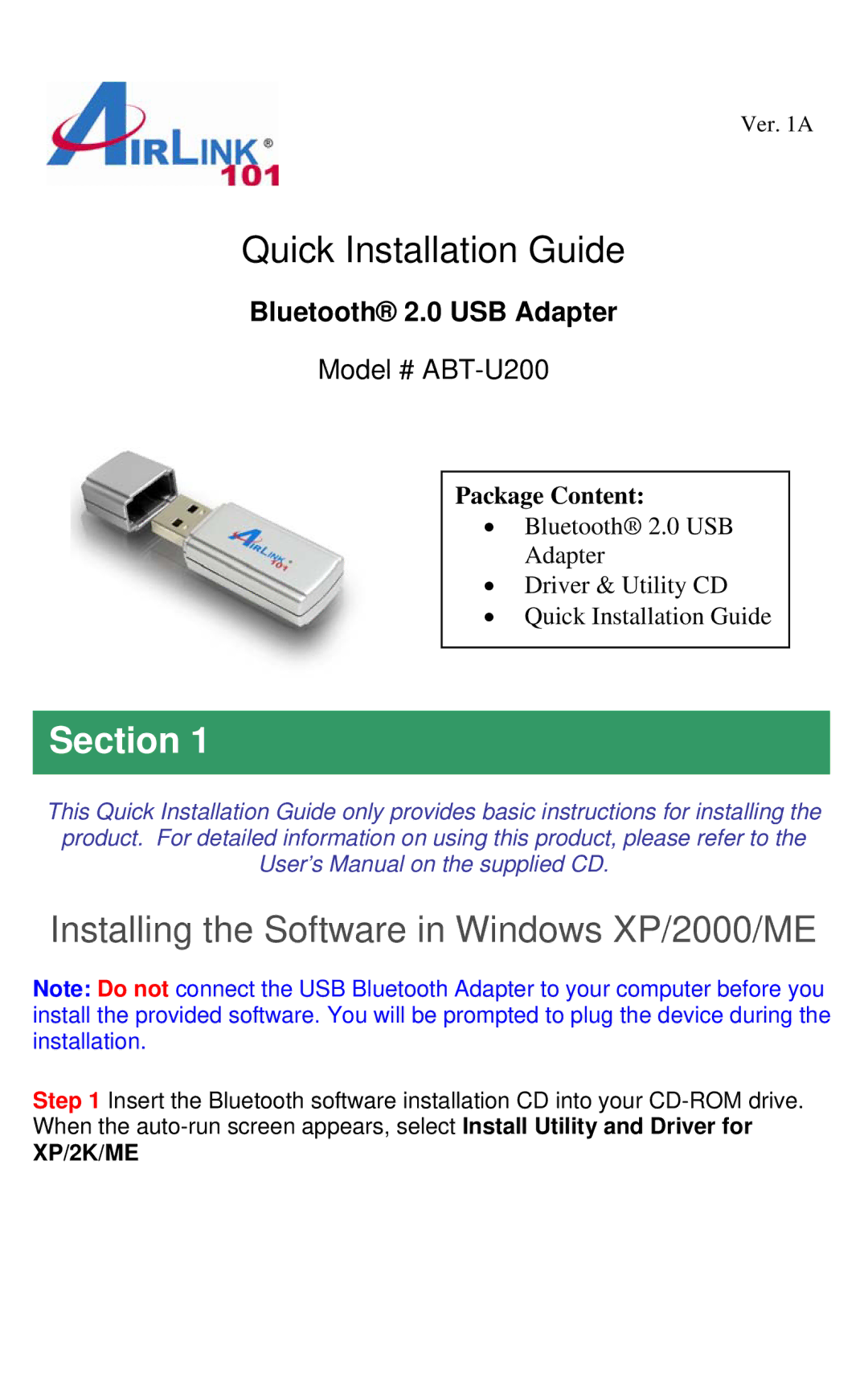 Airlink101 ABT-U200 user manual Quick Installation Guide, Installing the Software in Windows XP/2000/ME 